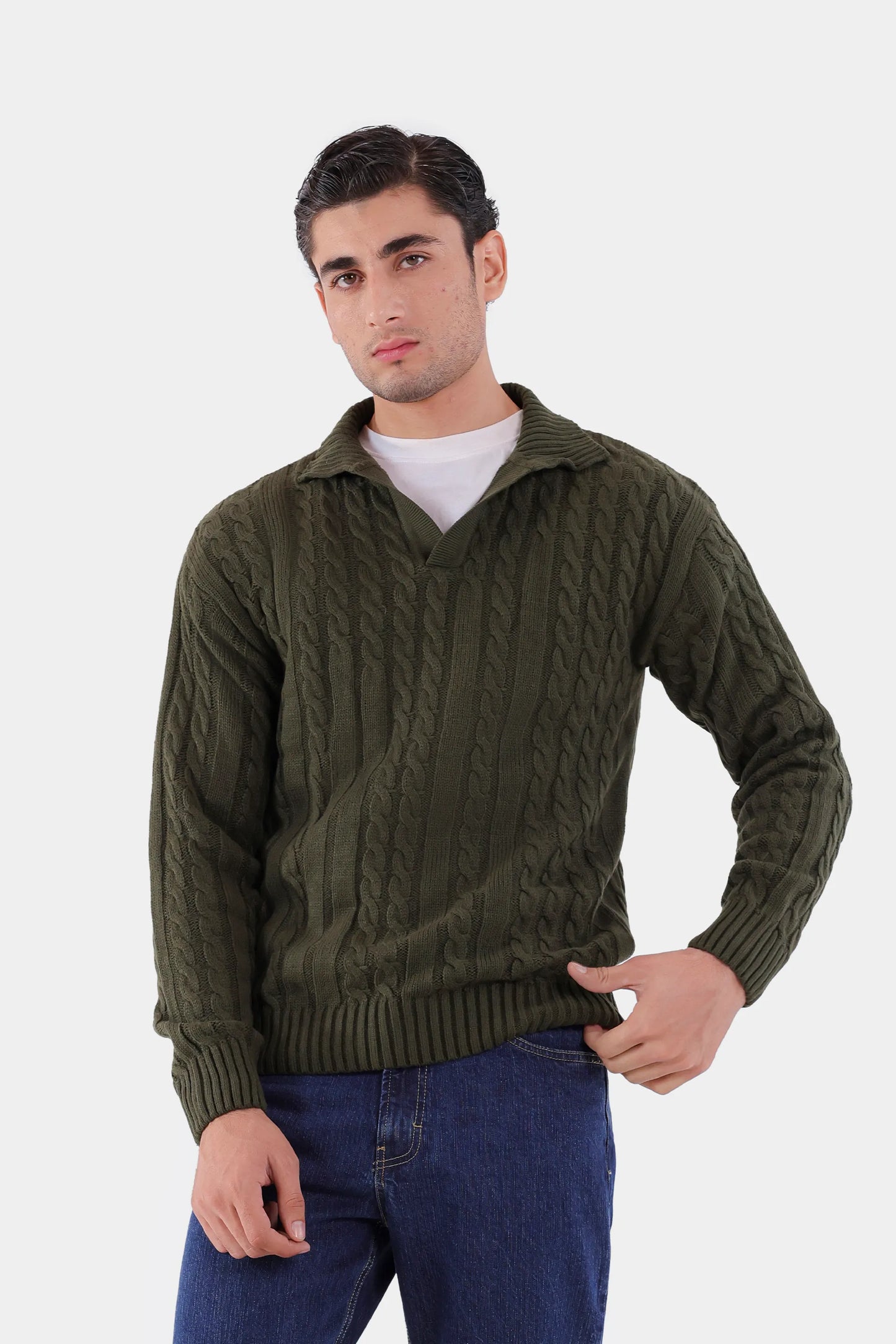 Cable Knit Open Collar Sweater - Cougar Clothing