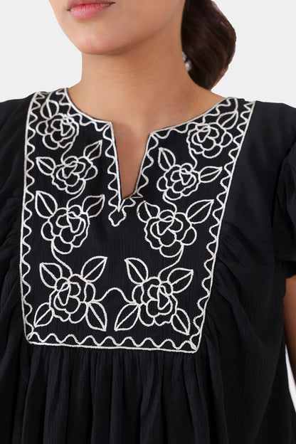 Embroidered Top With Flutter Sleeves - Cougar Clothing