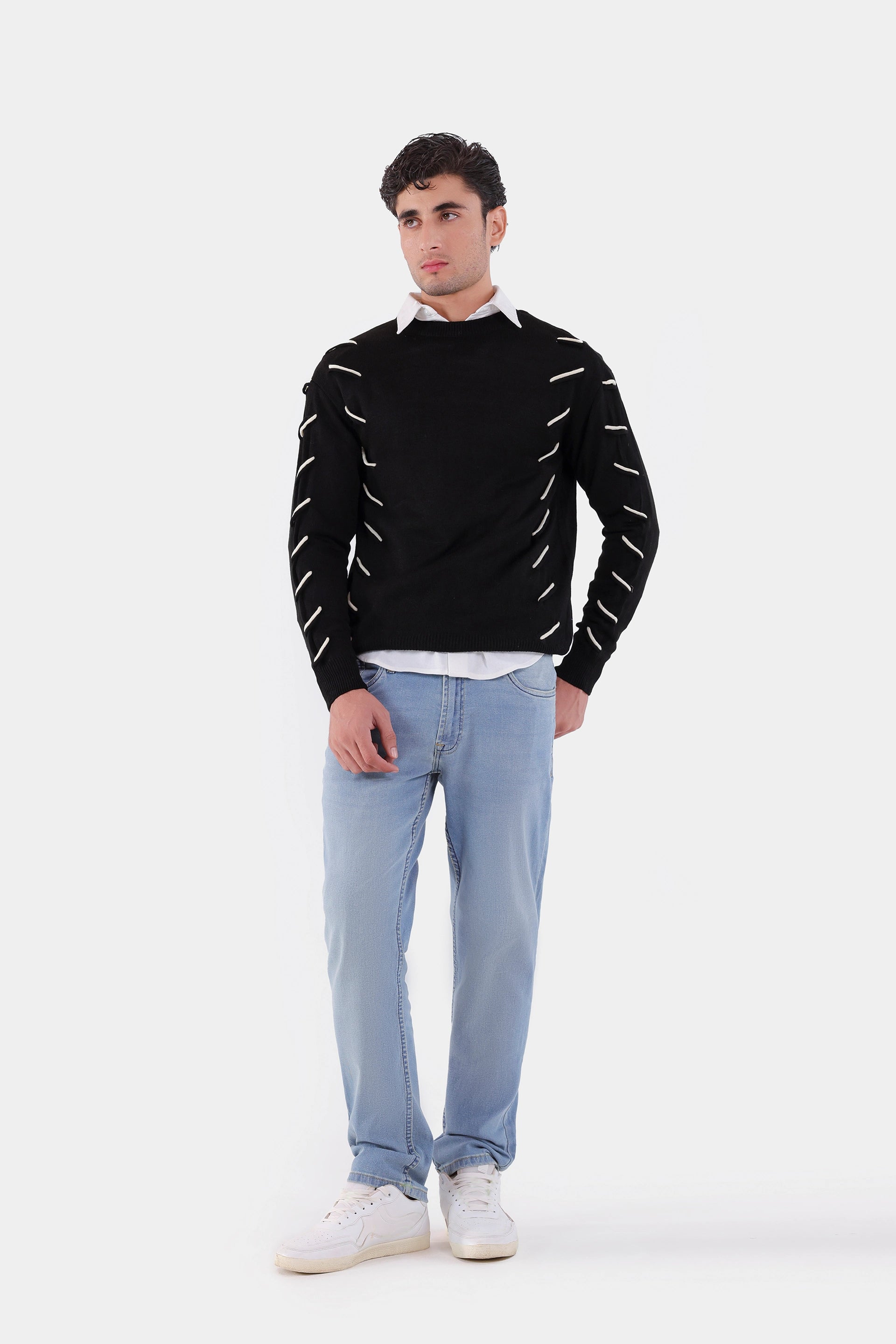 Contrast Cross Stitch Knit Sweater - Cougar Clothing