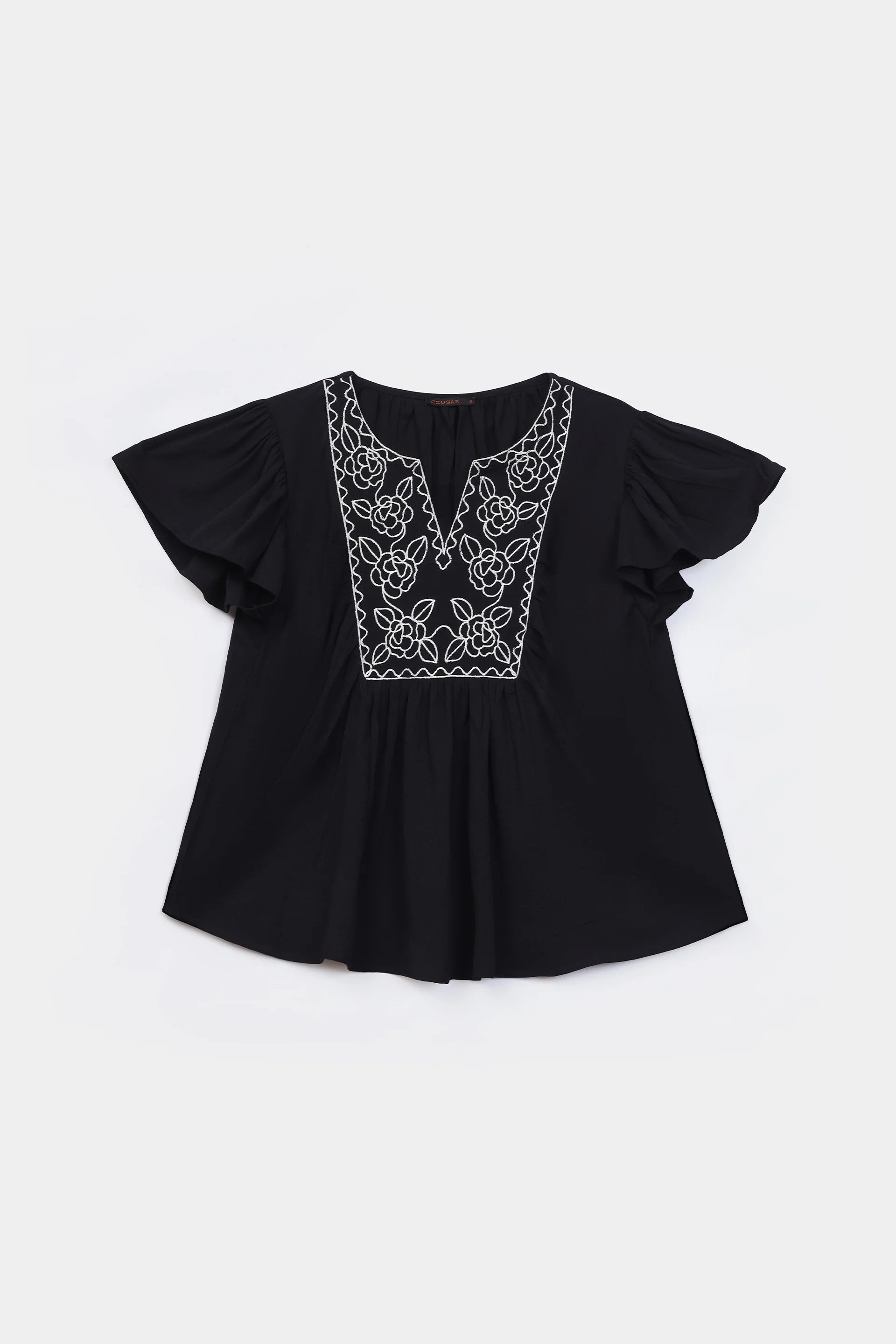 Embroidered Top With Flutter Sleeves - Cougar Clothing