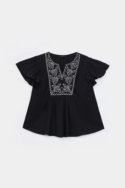 Embroidered Top With Flutter Sleeves - Cougar Clothing