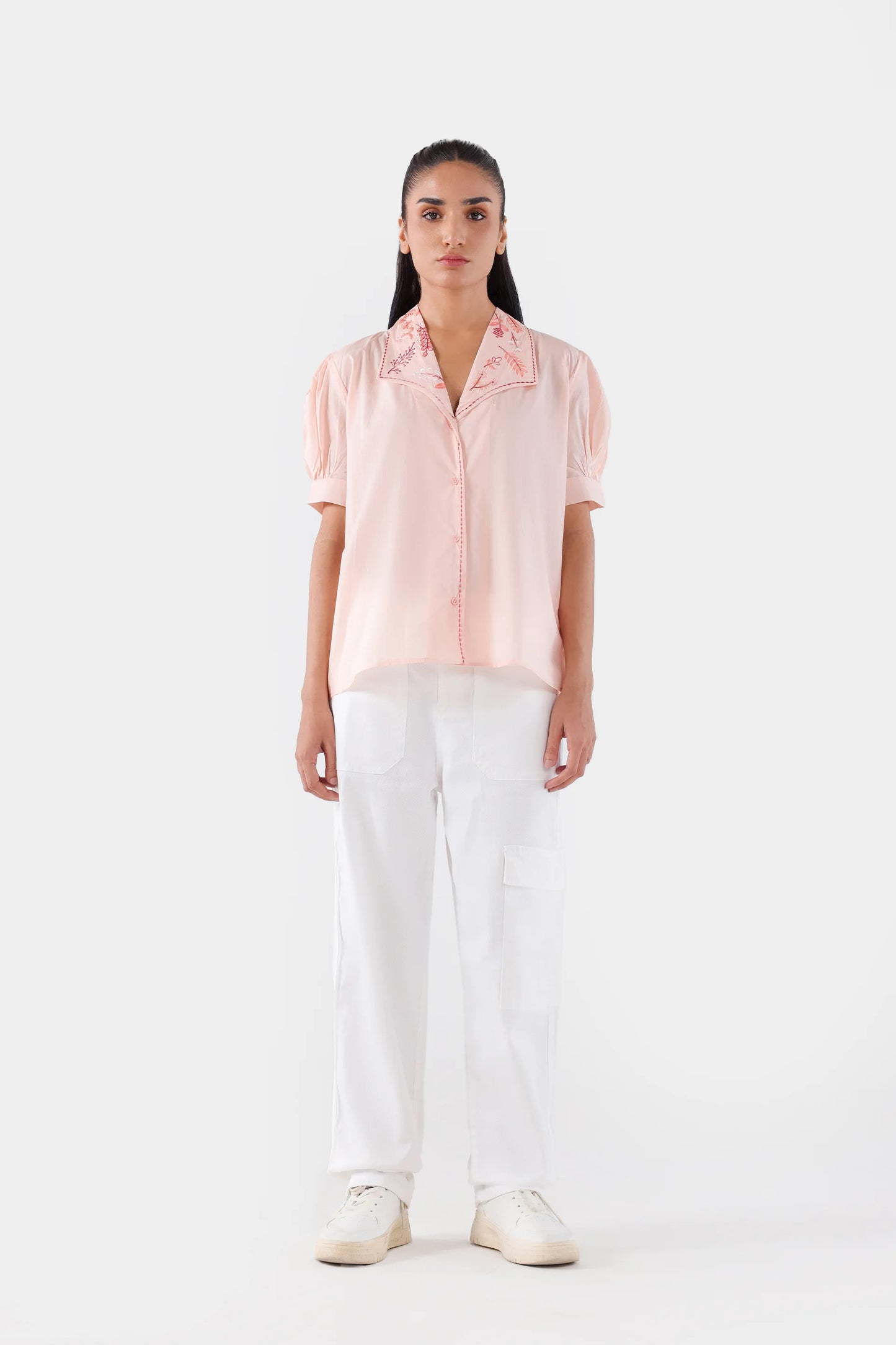 Embroidered Top With Puff Sleeves - Cougar Clothing