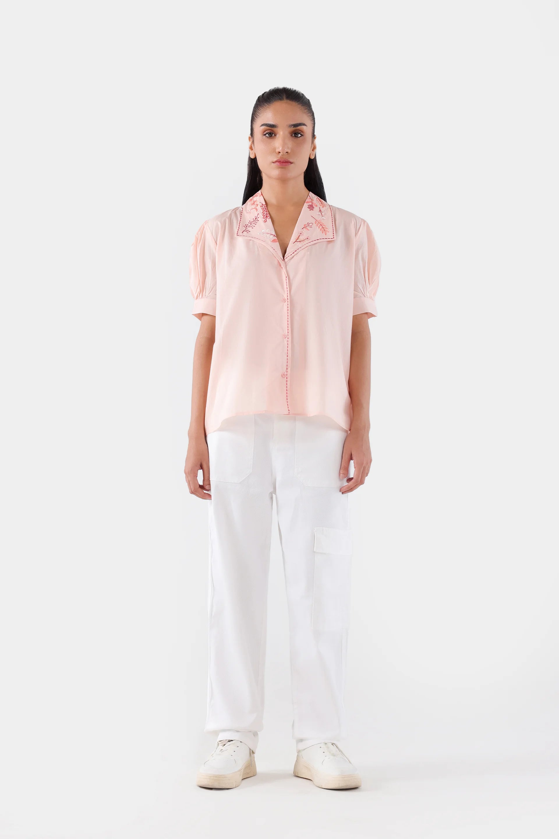 Embroidered Top With Puff Sleeves - Cougar Clothing