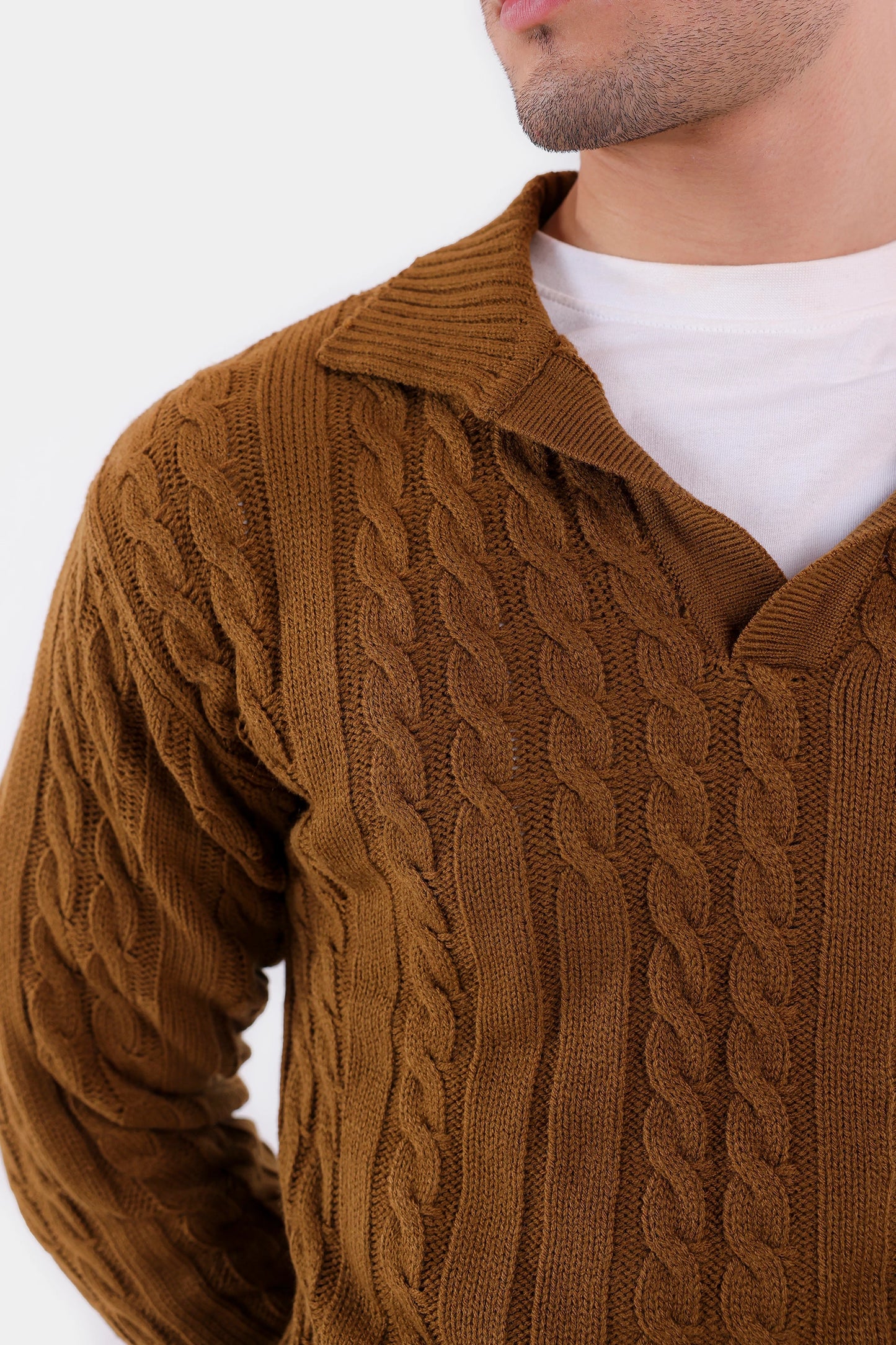 Cable Knit Open Collar Sweater - Cougar Clothing