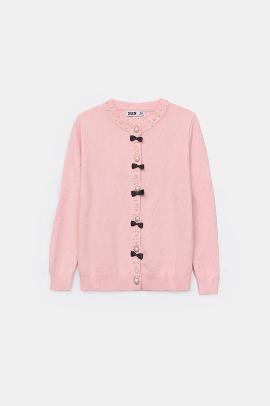 Knit Cardigan With Faux Pearls - Cougar Clothing