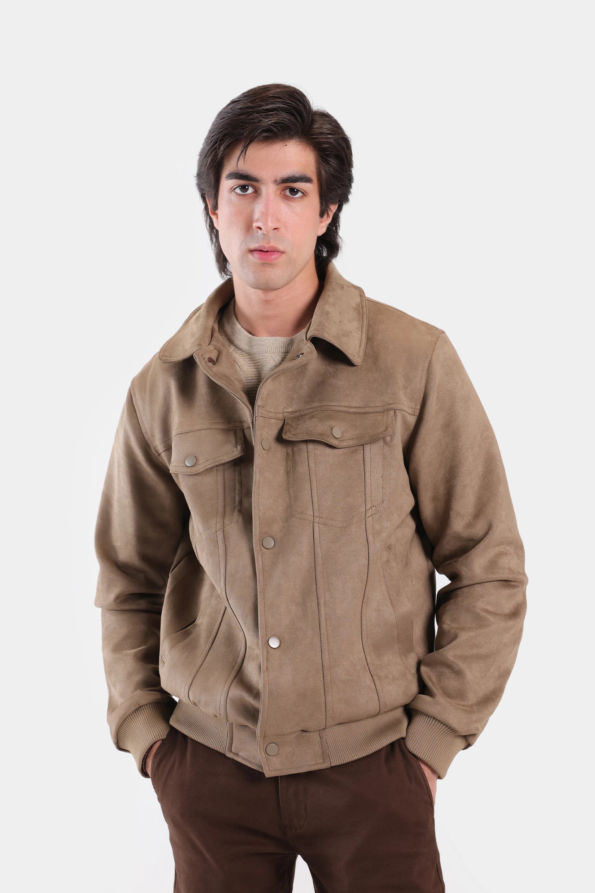 Faux Suede Jacket With Patch Pockets - Cougar Clothing