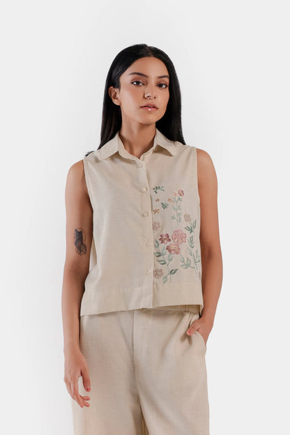 Yarn Dyed Sleeveless Embroidered Shirt - Cougar Clothing