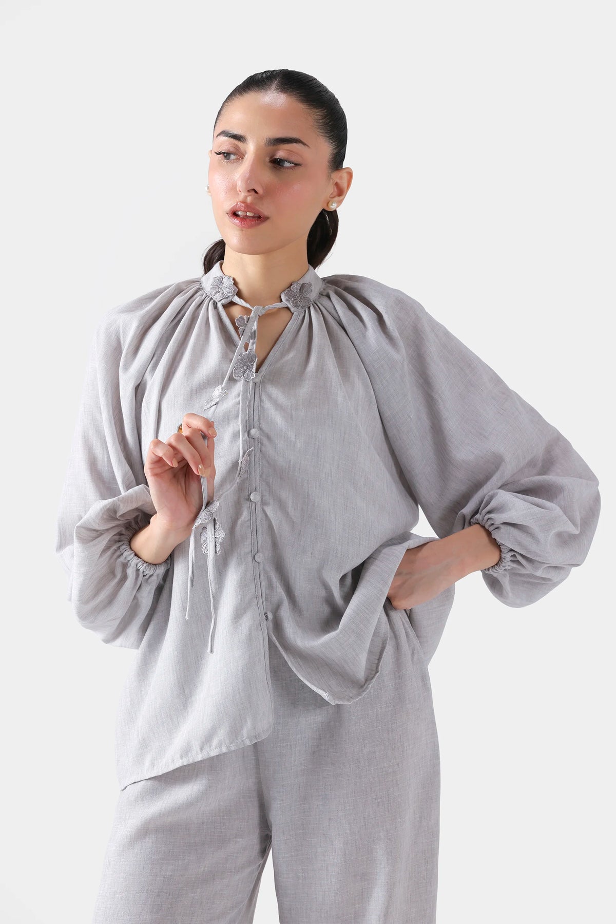 Top With Floral Drawstrings - Cougar Clothing