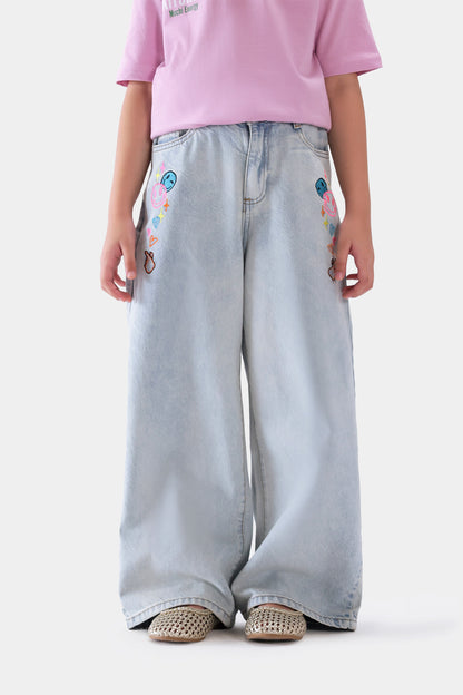 Wide Leg Embroidered Jeans - Cougar Clothing