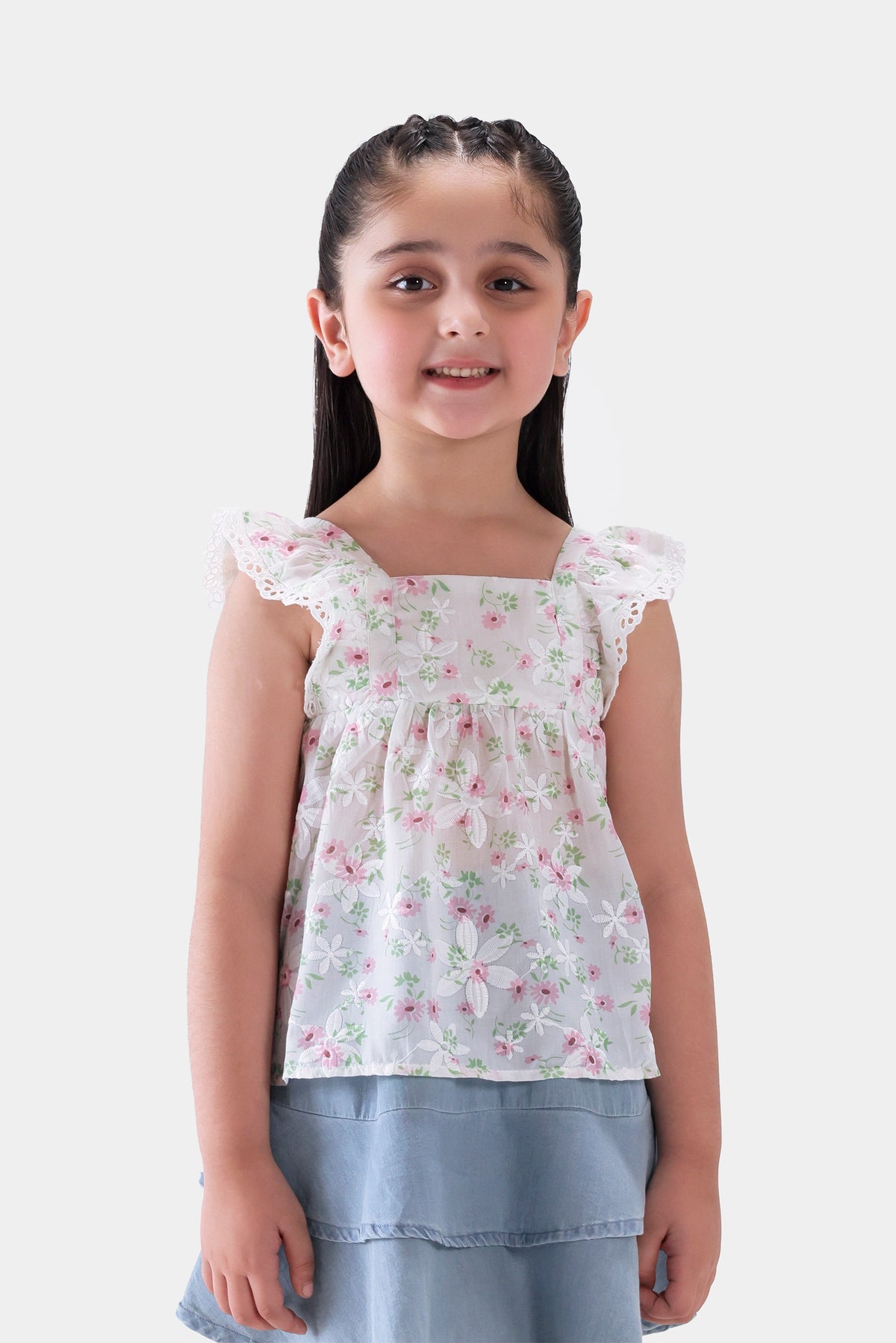 Embroidered Top With Lace Trim - Cougar Clothing
