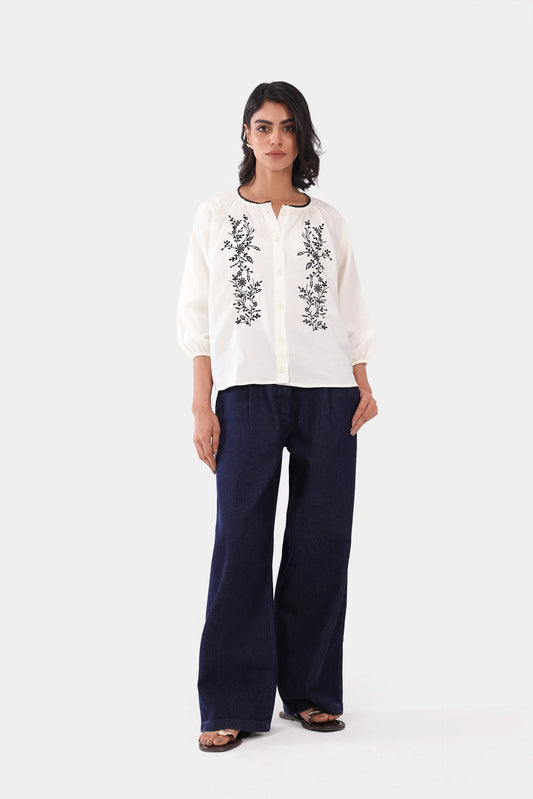 Embroidered Button-Front Top - Cougar Clothing