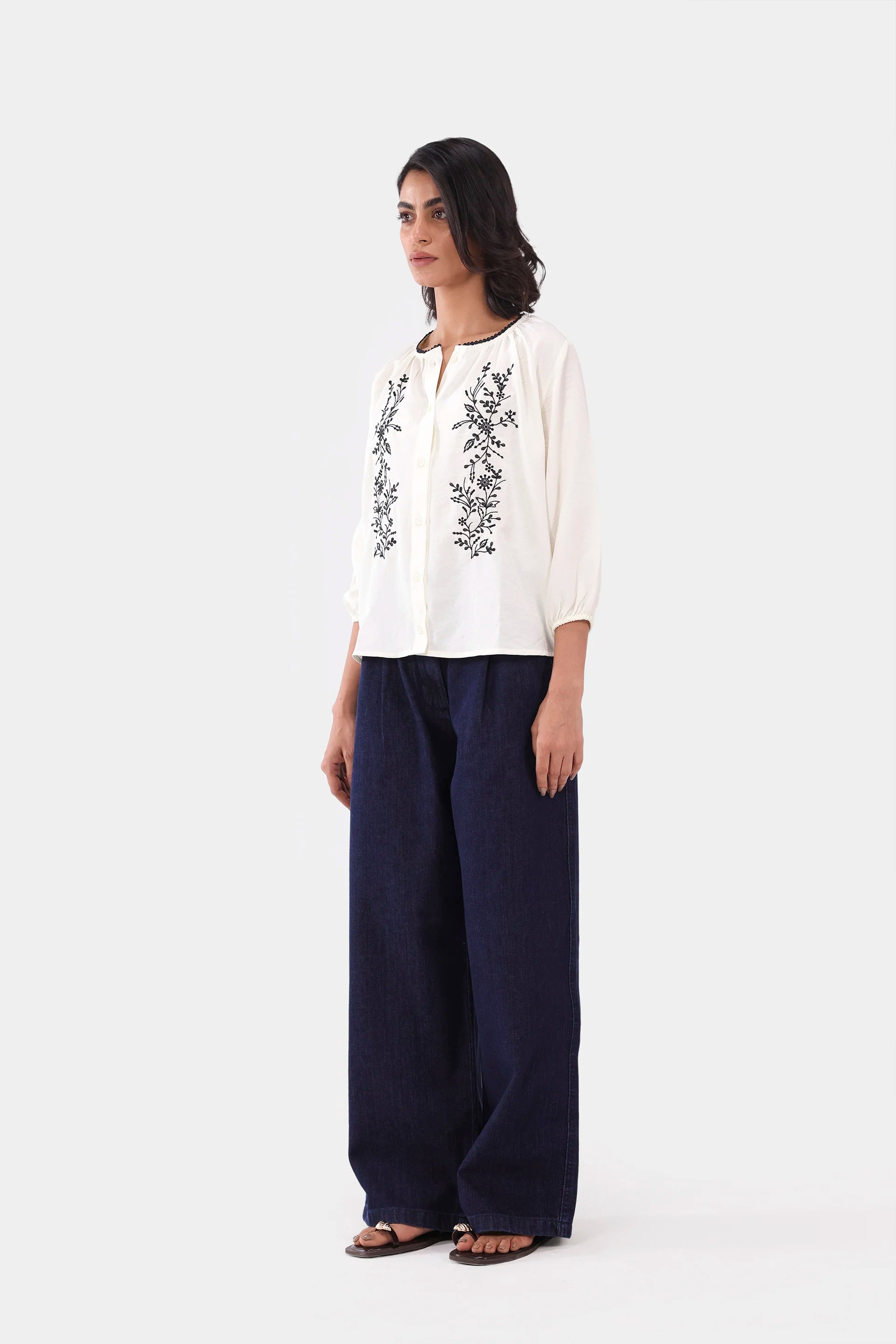 Embroidered Button-Front Top - Cougar Clothing