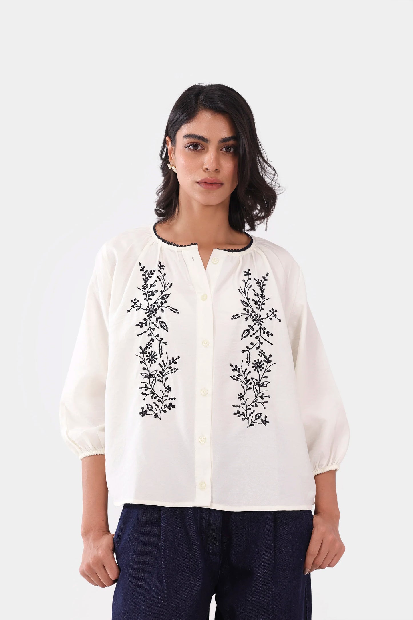 Embroidered Button-Front Top - Cougar Clothing