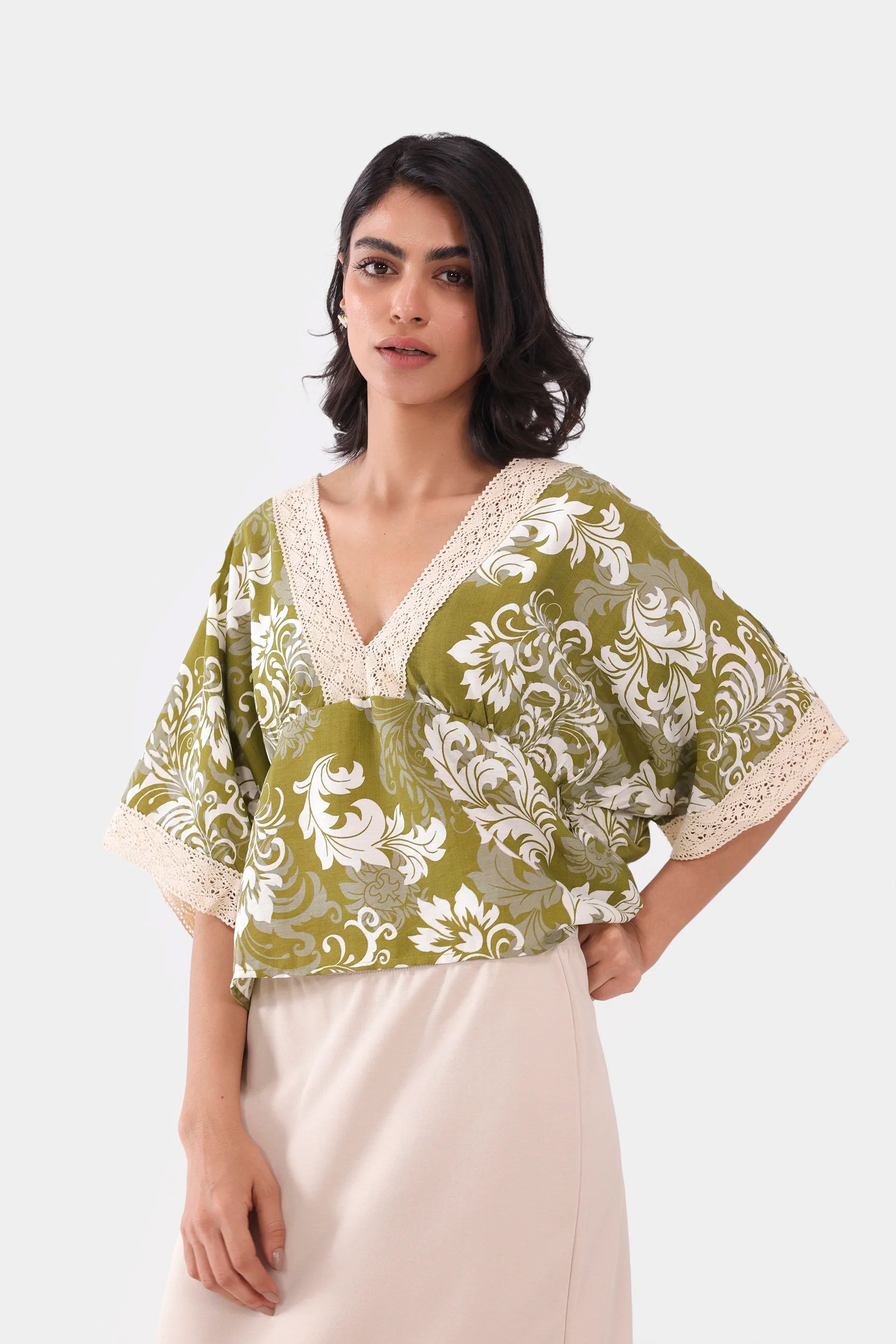Lace-Trimmed Printed Top - Cougar Clothing