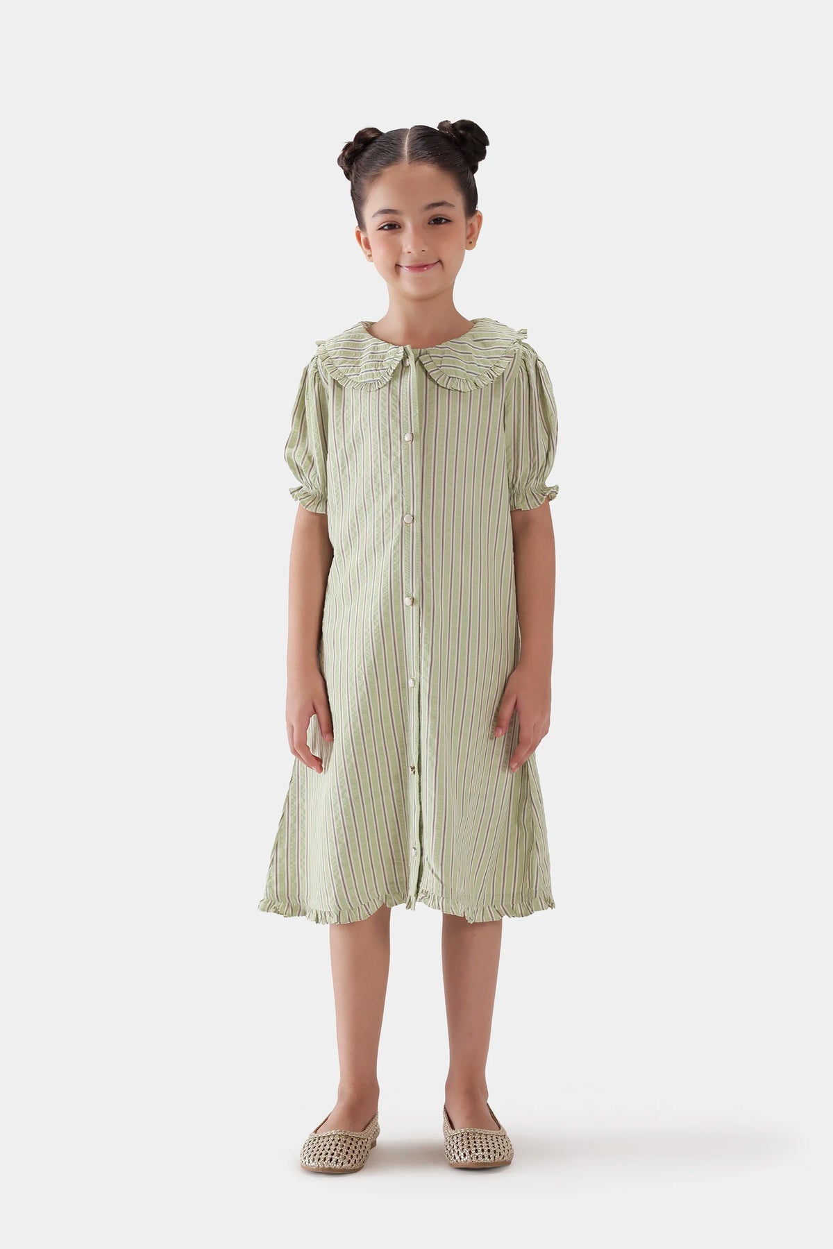 Striped Dress With Puff Sleeves - Cougar Clothing