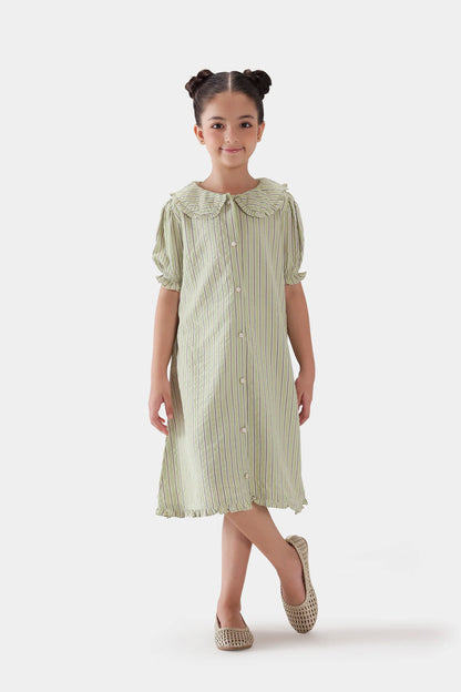 Striped Dress With Puff Sleeves - Cougar Clothing