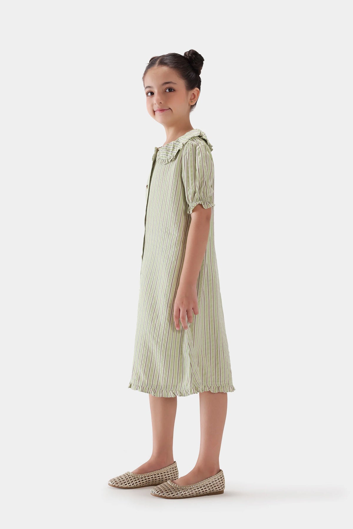 Striped Dress With Puff Sleeves - Cougar Clothing