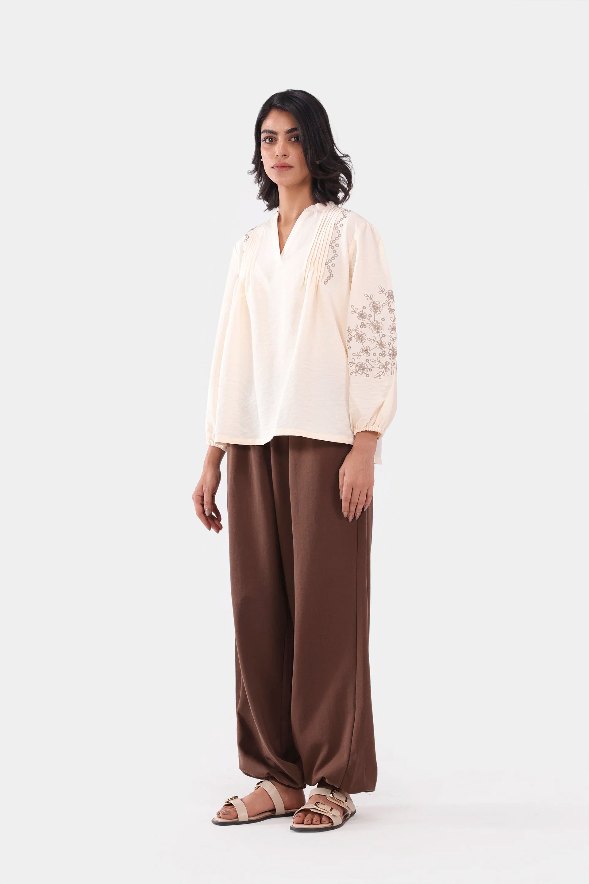 Embroidered Balloon Sleeve Blouse - Cougar Clothing