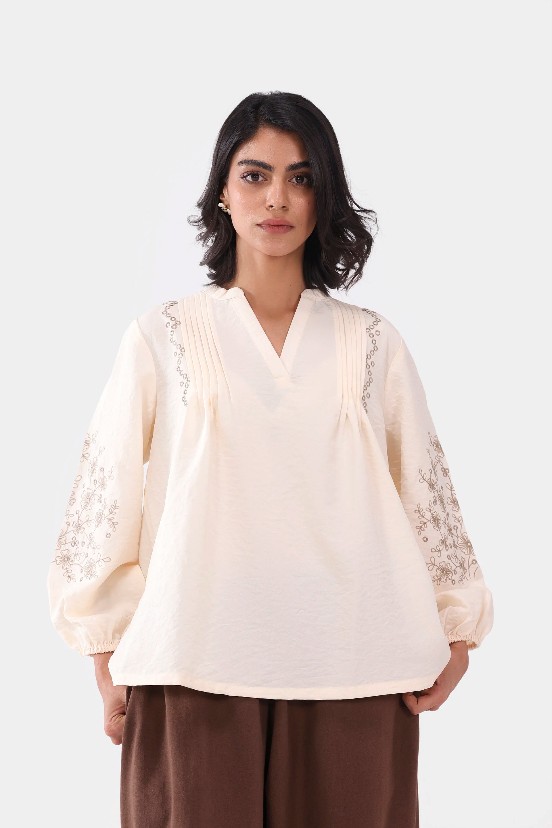 Embroidered Balloon Sleeve Blouse - Cougar Clothing