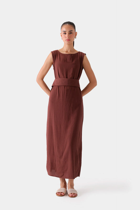 Long Dress With Waist Belt - Cougar Clothing