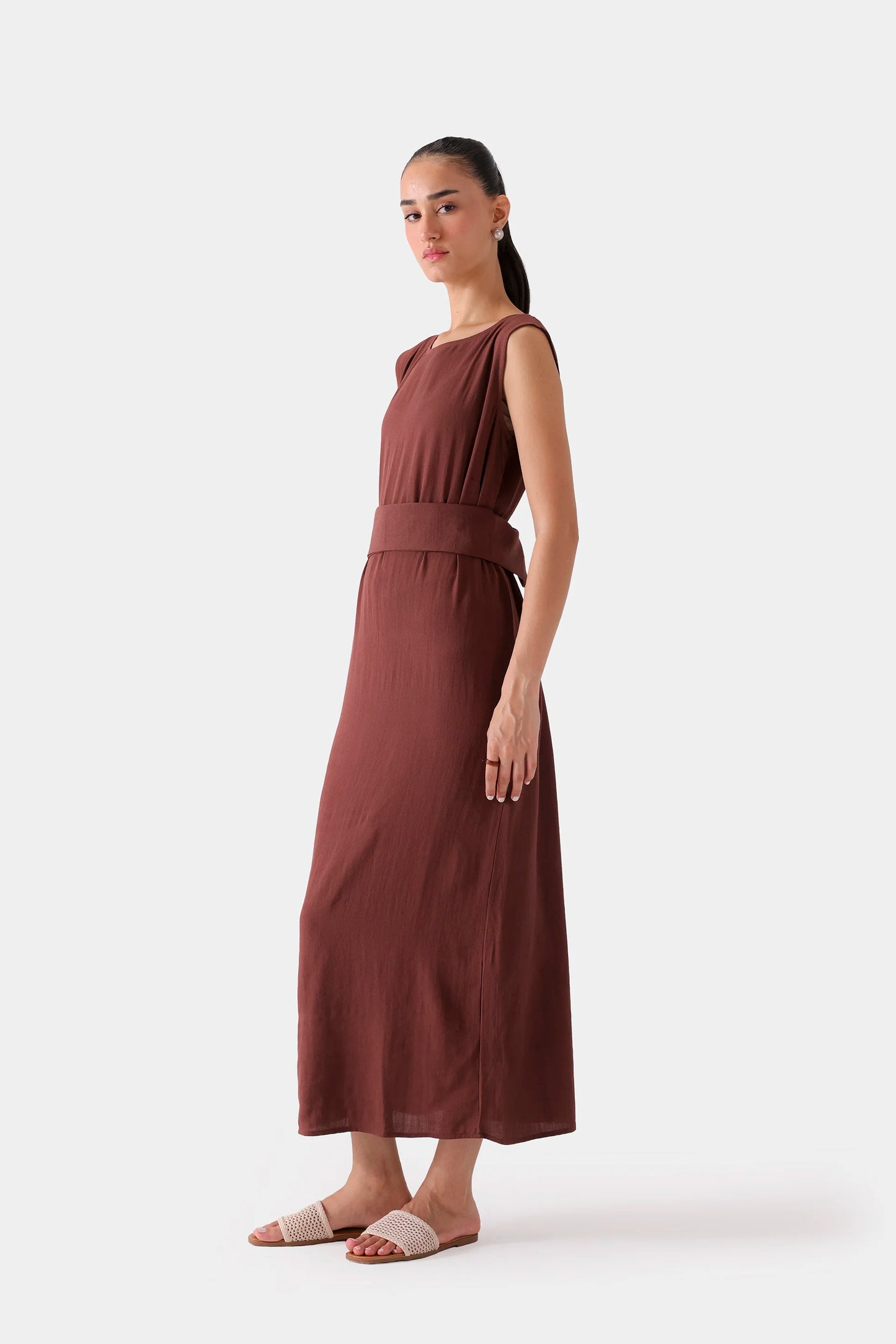 Long Dress With Waist Belt - Cougar Clothing