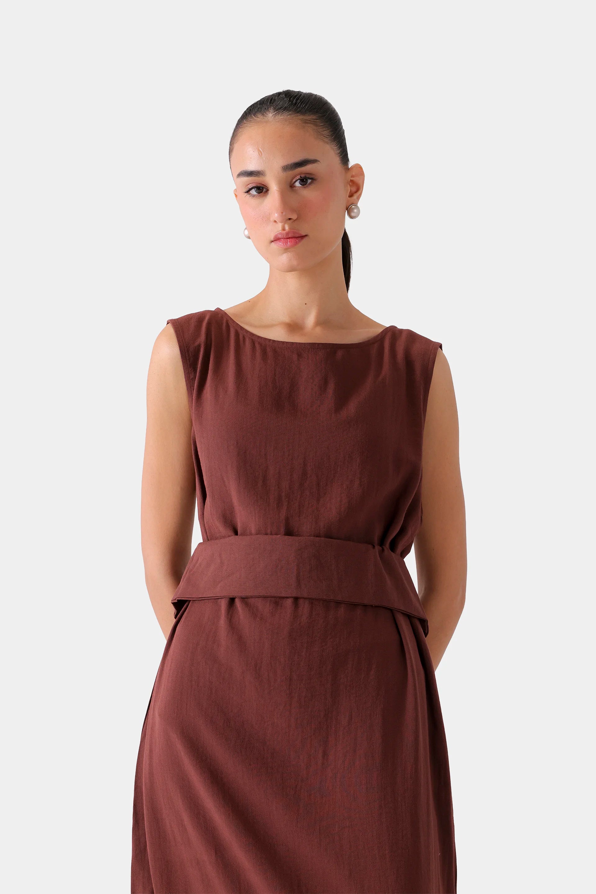 Long Dress With Waist Belt - Cougar Clothing