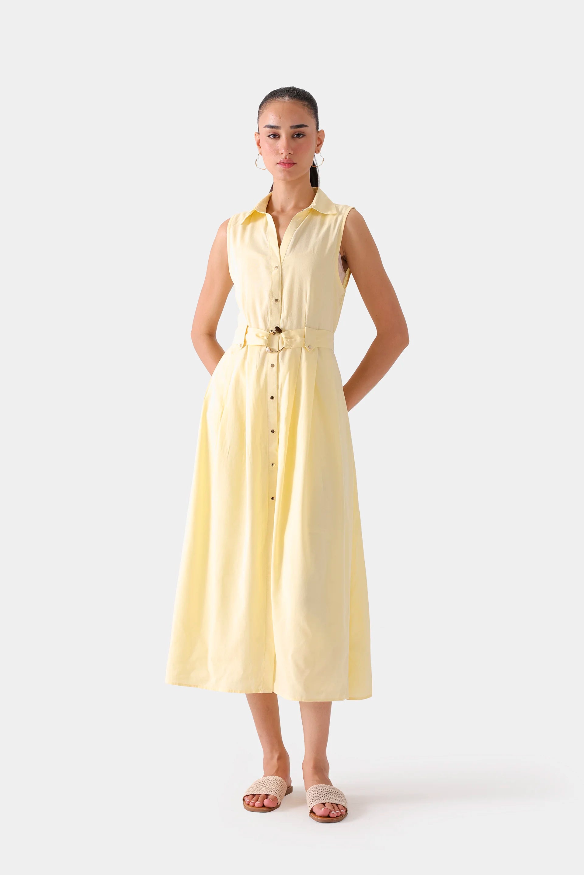 Pleated Dress With Belt - Cougar Clothing