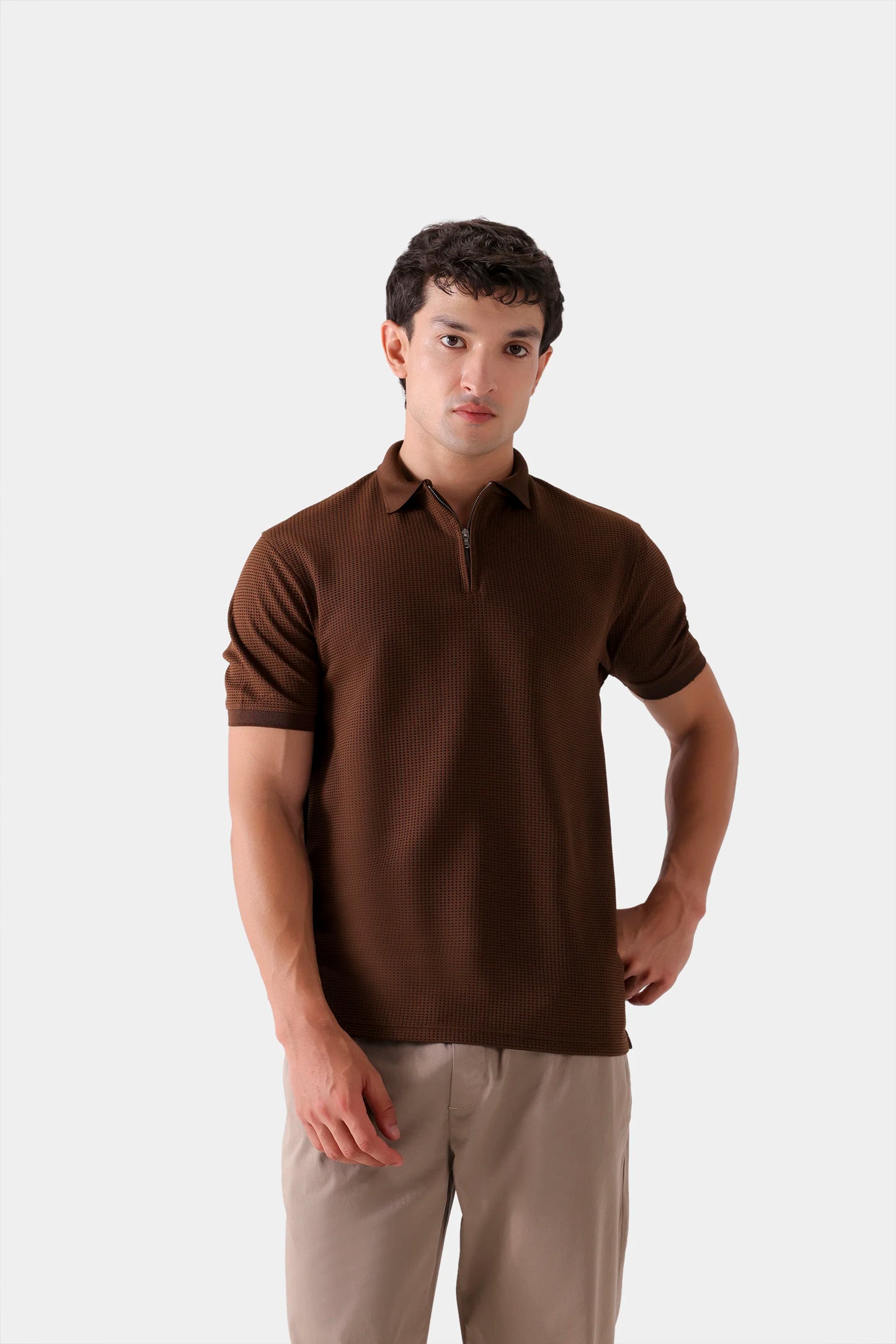 Waffle Knit Zipper Polo - Cougar Clothing
