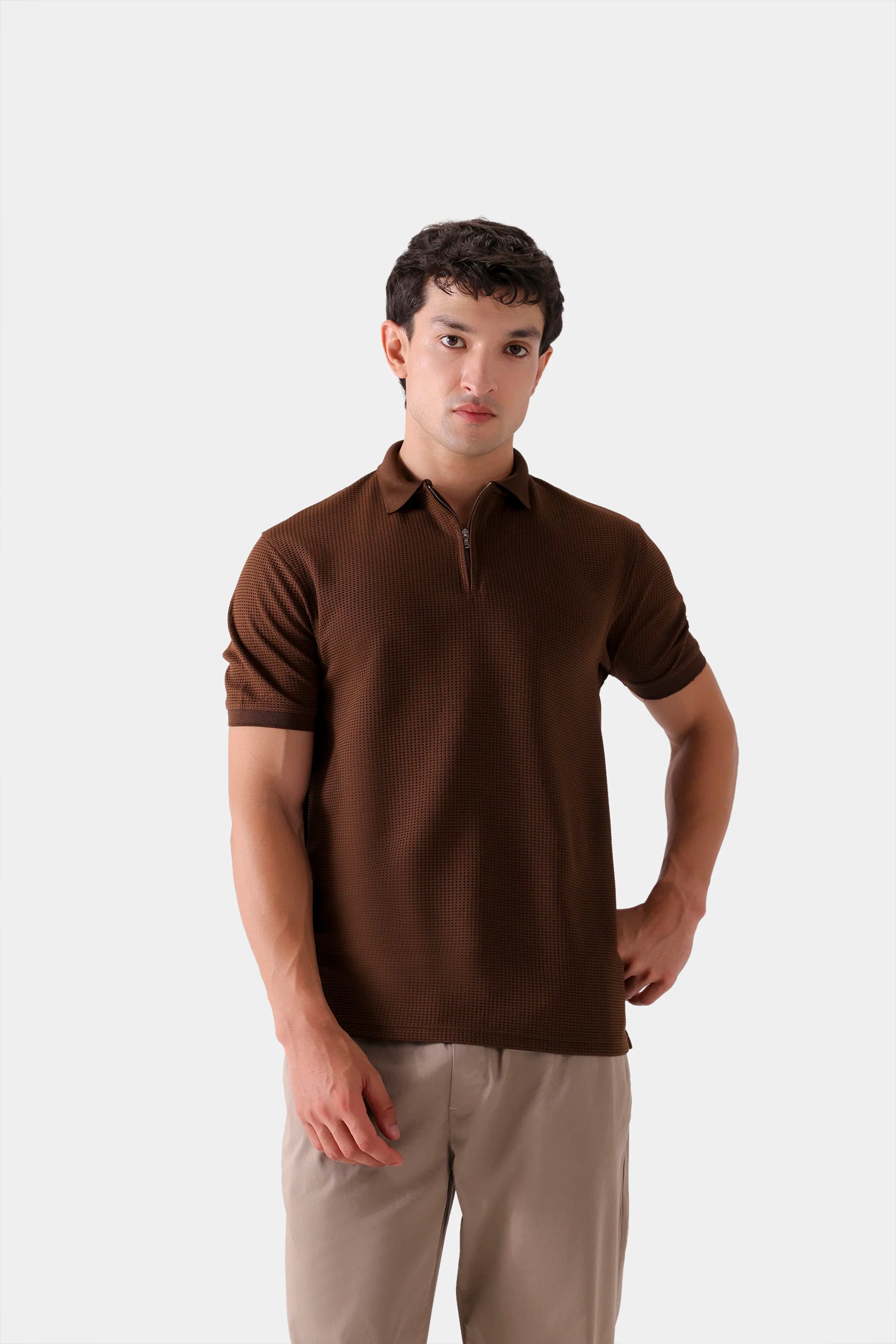 Waffle Knit Zipper Polo - Cougar Clothing
