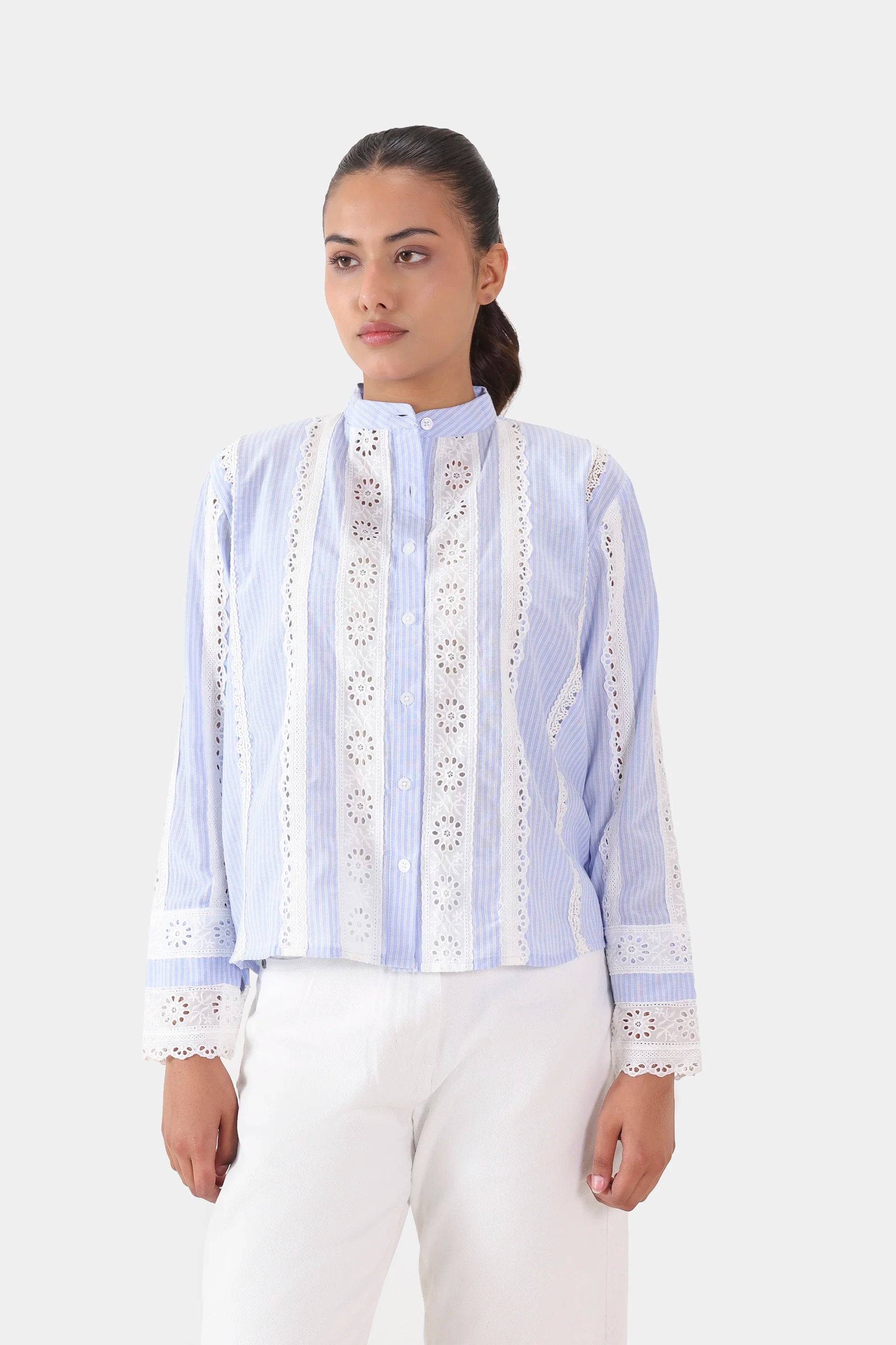 Striped Lace-Detailed Top - Cougar Clothing