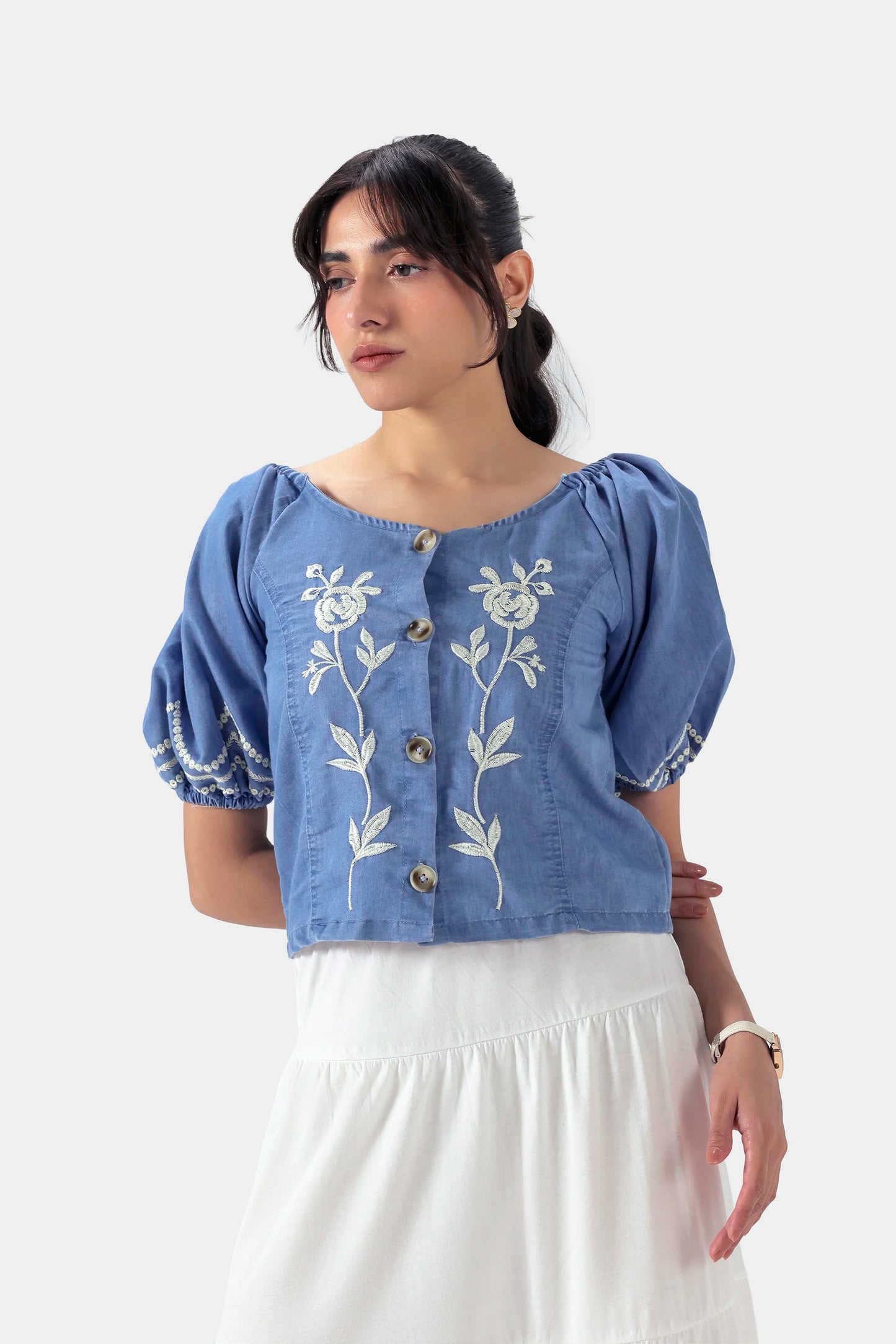 Embroidered Denim Top - Cougar Clothing