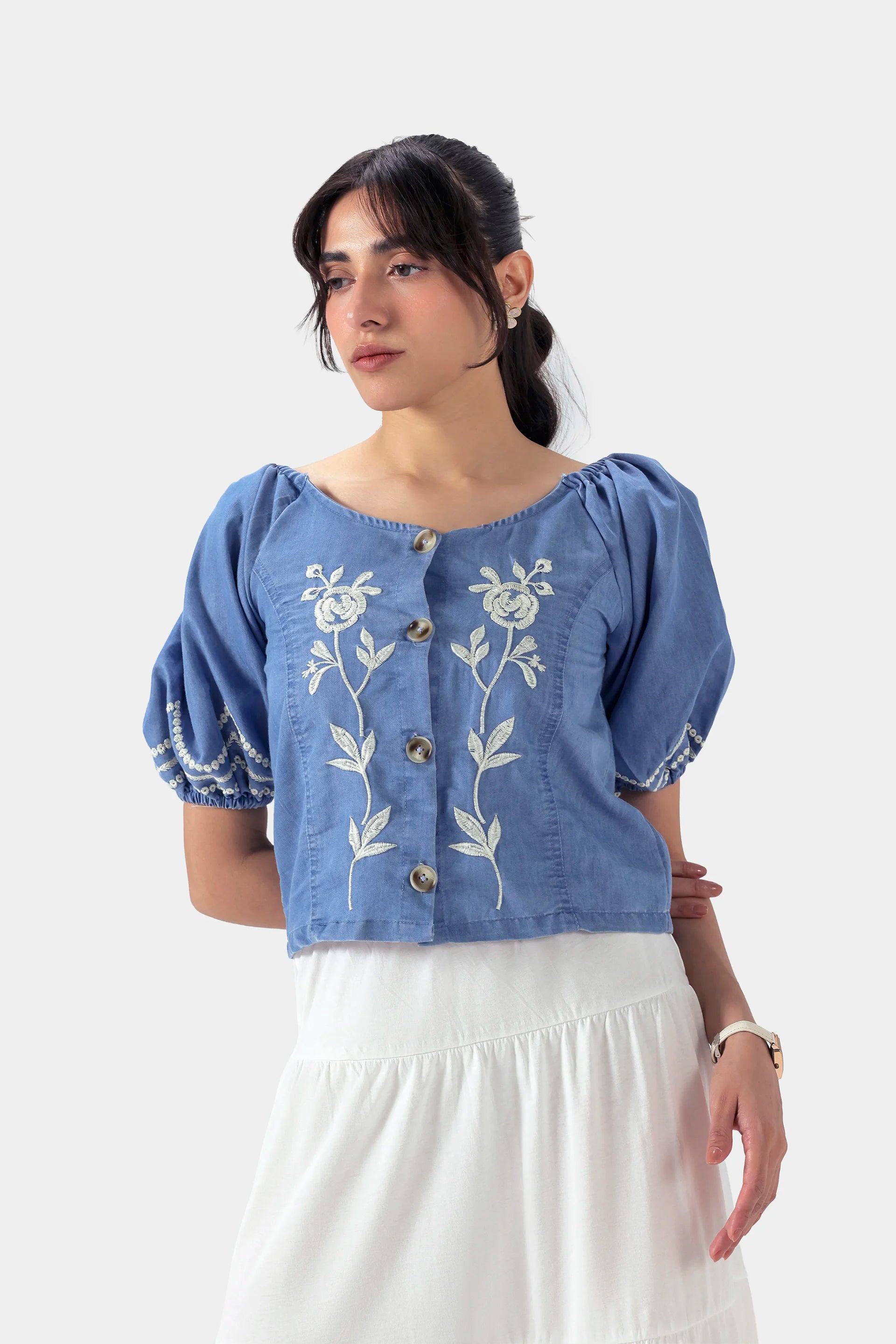 Embroidered Denim Top - Cougar Clothing