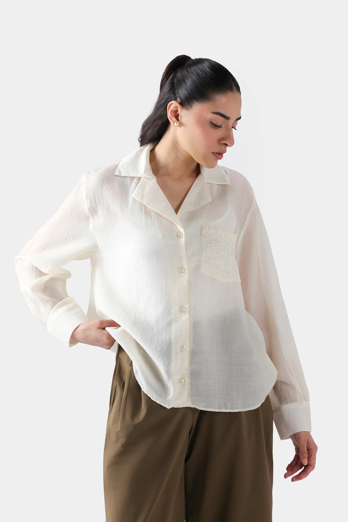 Sheer Shirt With Embroidered Pocket - Cougar Clothing