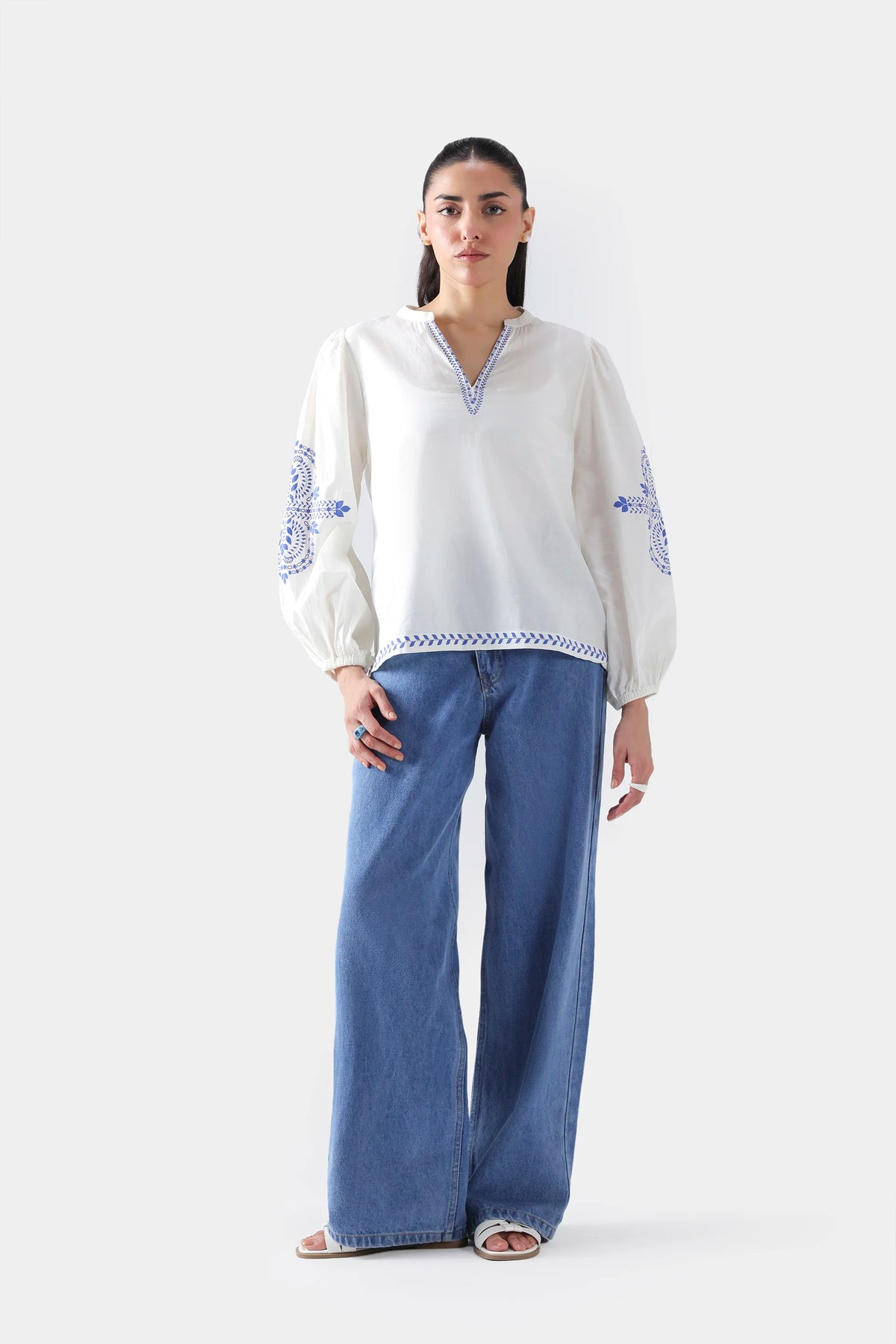 Printed Top With Balloon Sleeves - Cougar Clothing