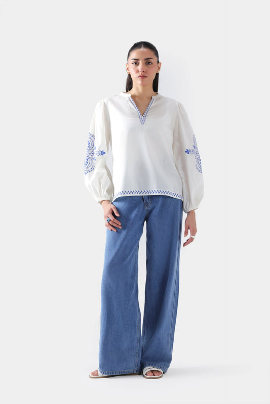 Printed Top With Balloon Sleeves - Cougar Clothing