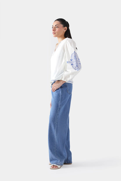 Printed Top With Balloon Sleeves - Cougar Clothing