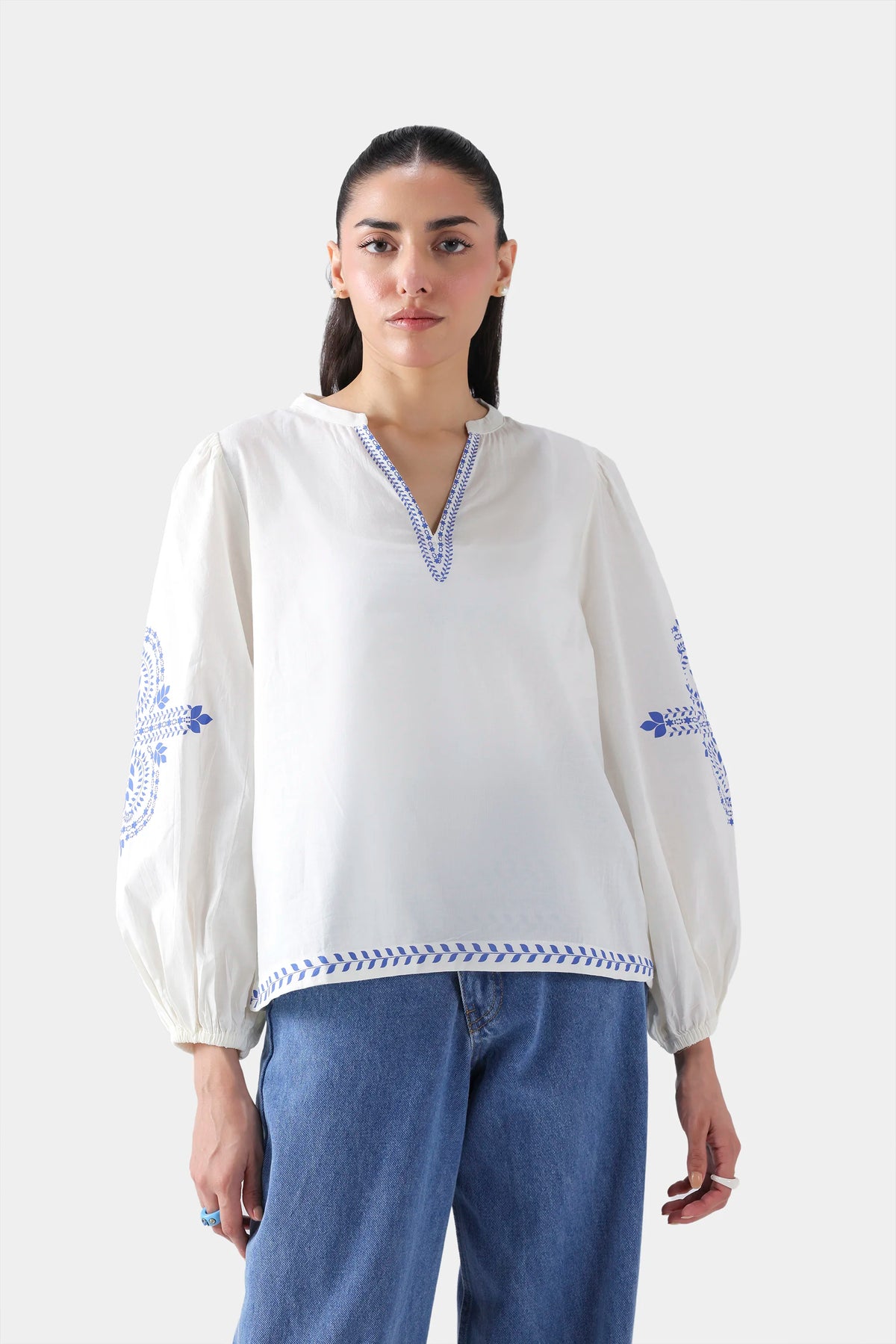 Printed Top With Balloon Sleeves - Cougar Clothing