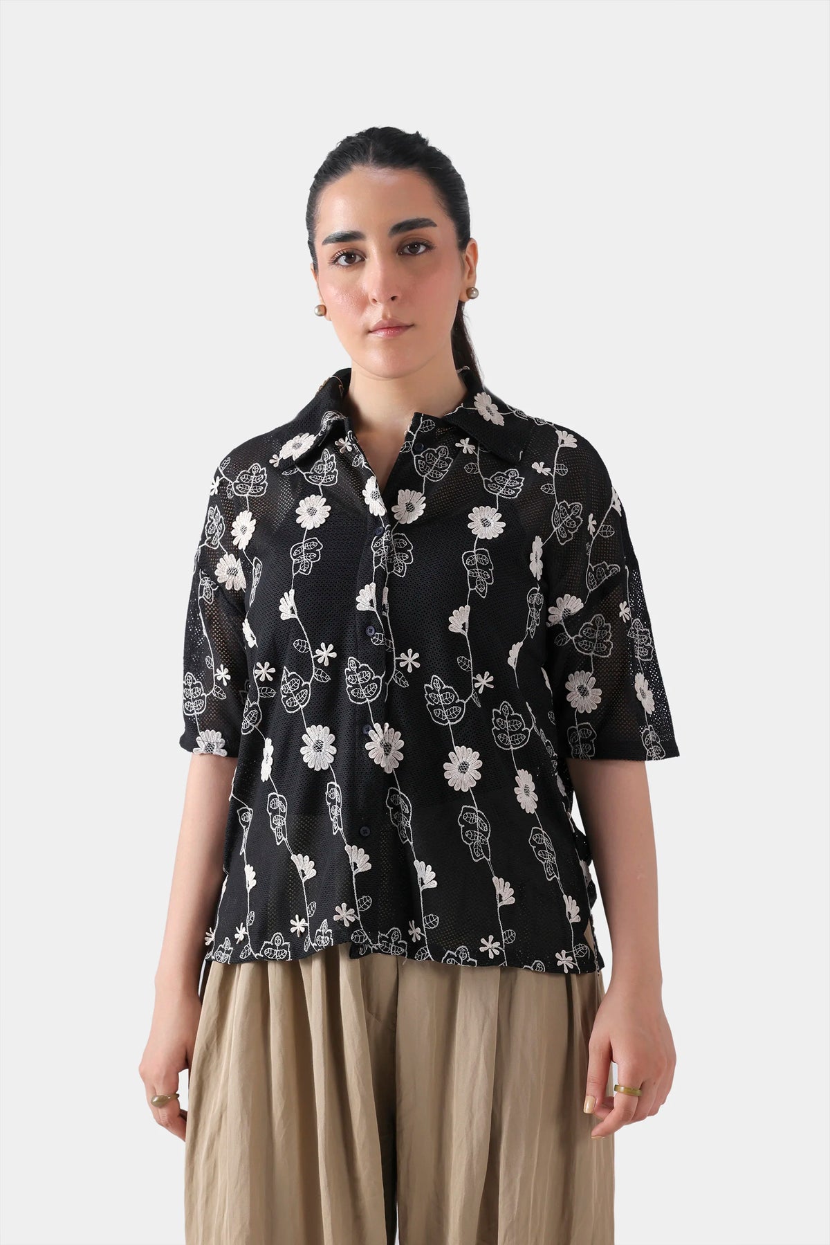 Embroidered Textured Net Shirt - Cougar Clothing