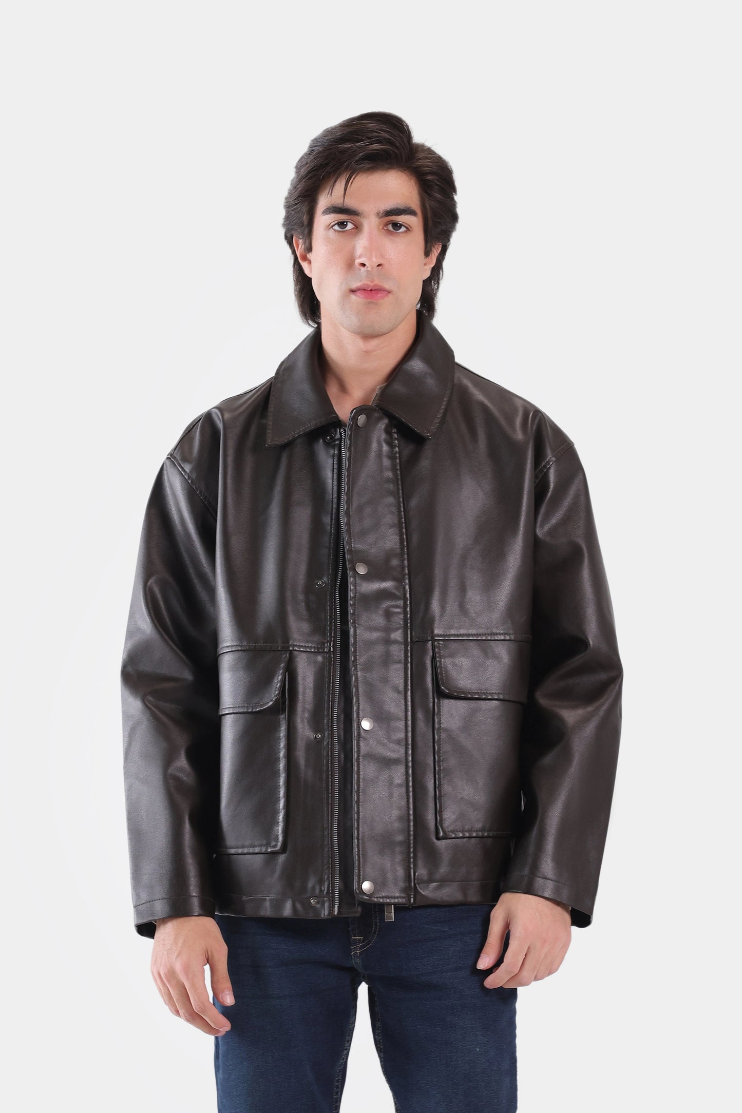 Faux Leather Jacket With Flap Pockets - Cougar Clothing