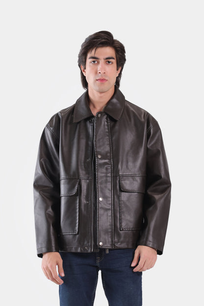 Faux Leather Jacket With Flap Pockets - Cougar Clothing