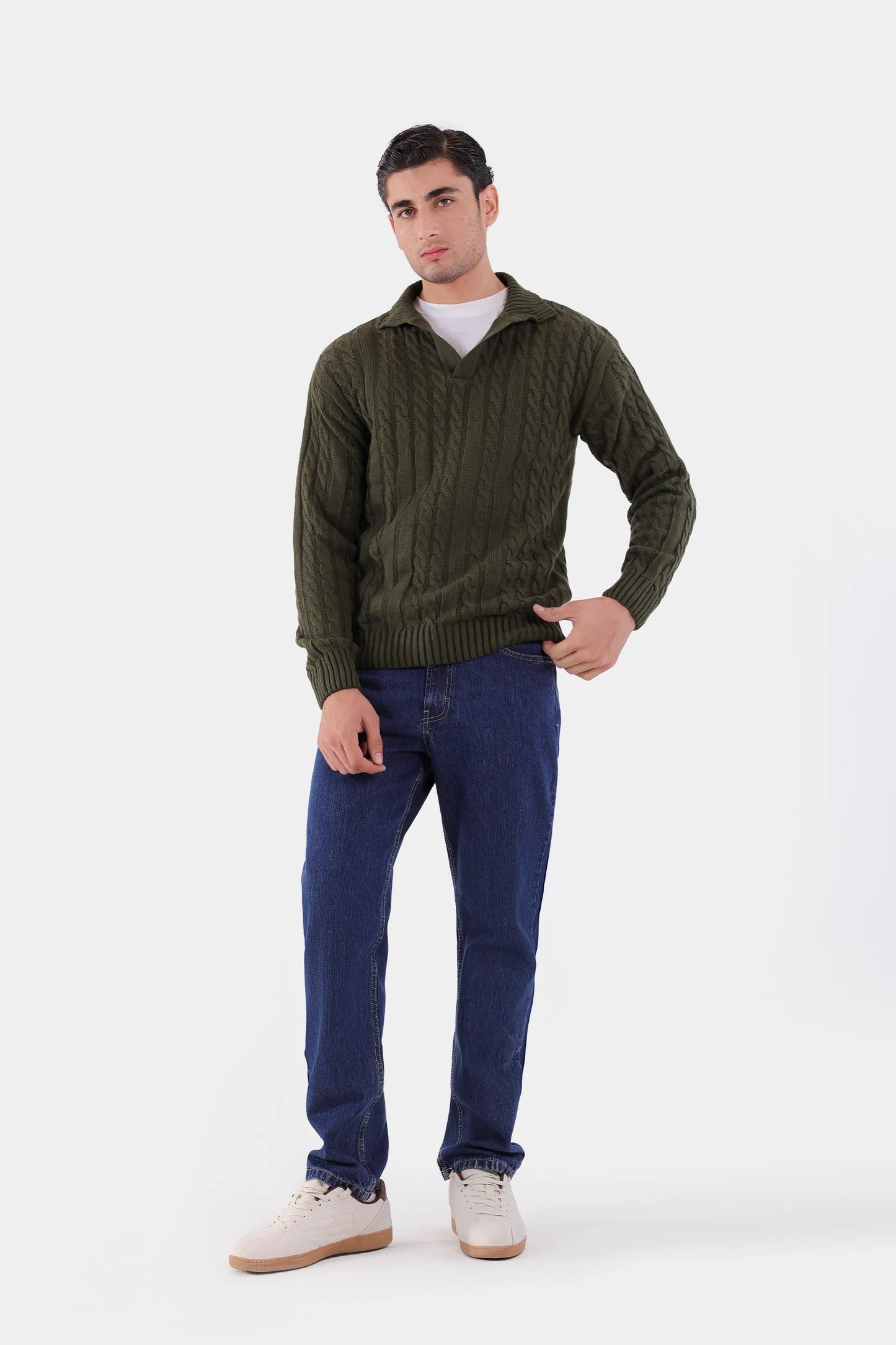 Cable Knit Open Collar Sweater - Cougar Clothing