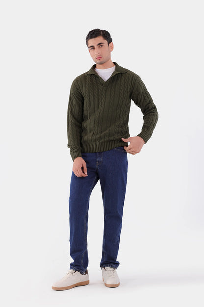 Cable Knit Open Collar Sweater - Cougar Clothing