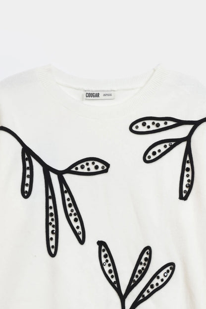 Leaf Embroidered Knit Sweater - Cougar Clothing