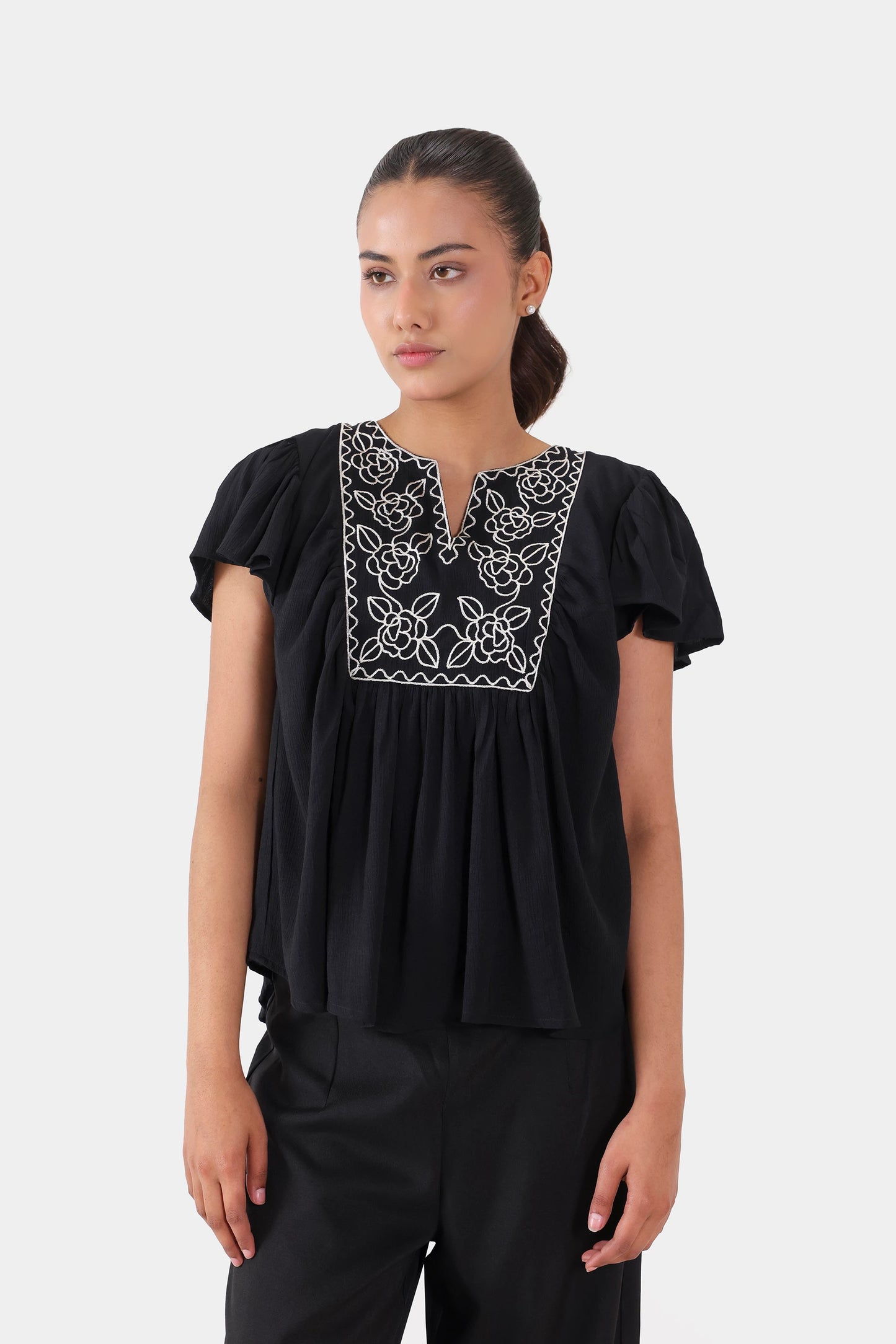Embroidered Top With Flutter Sleeves - Cougar Clothing