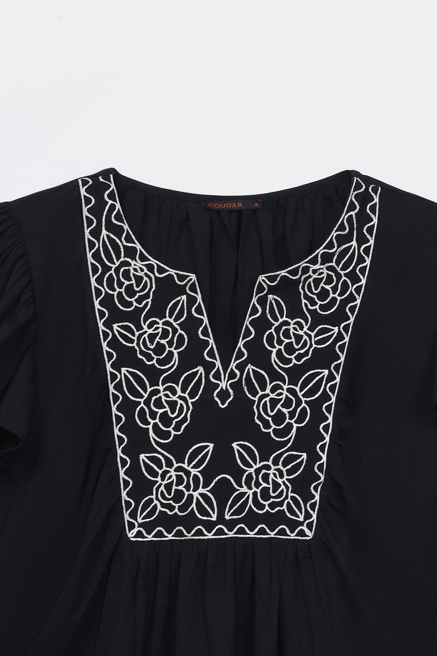 Embroidered Top With Flutter Sleeves - Cougar Clothing