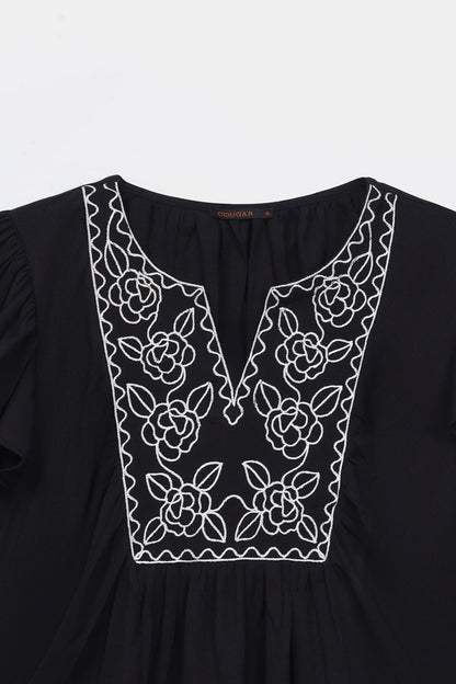 Embroidered Top With Flutter Sleeves - Cougar Clothing