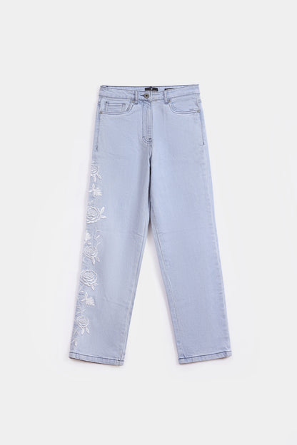 Straight Wide Leg Embriodered Jeans - Cougar Clothing