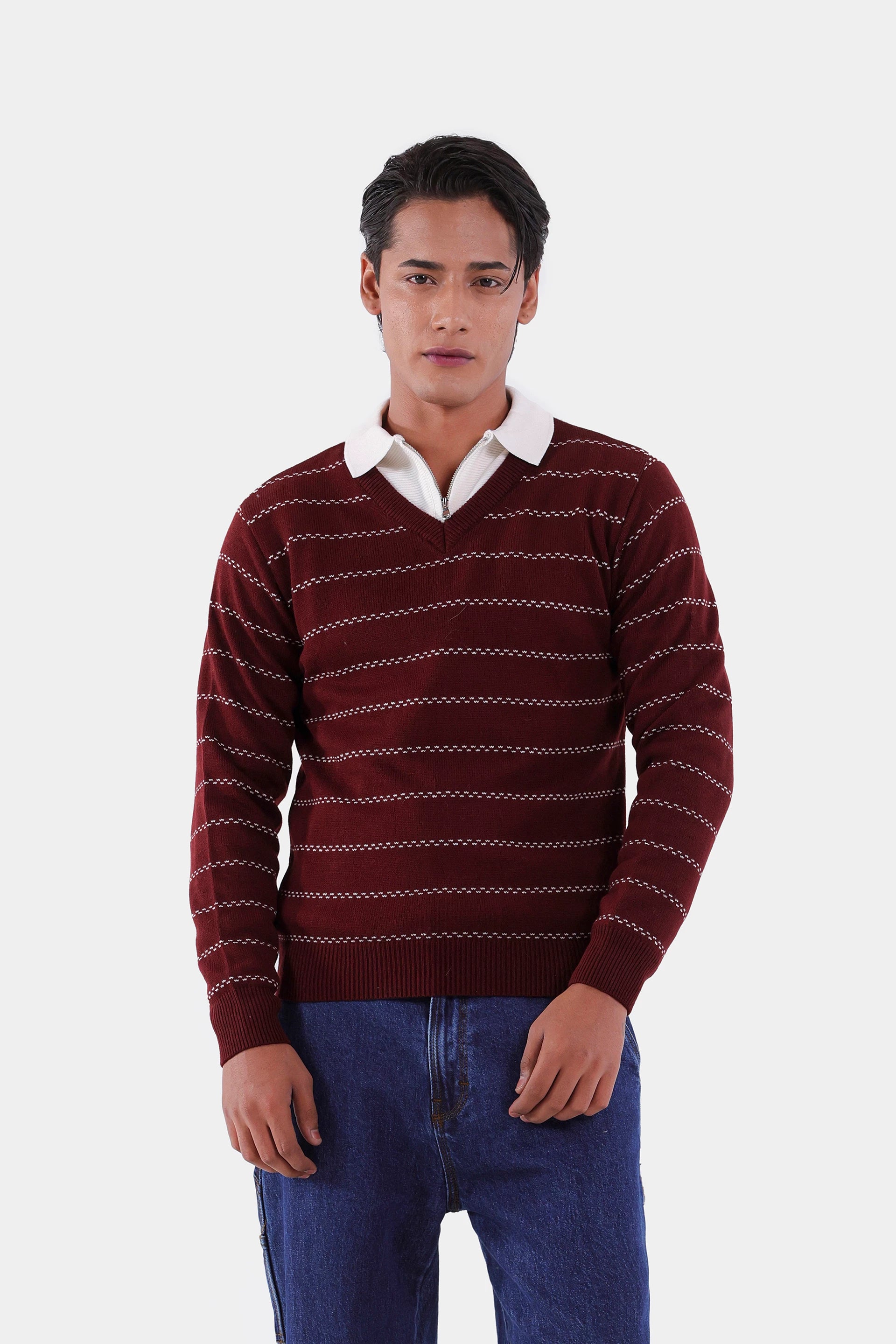 V-Neck Striped Sweater - Cougar Clothing
