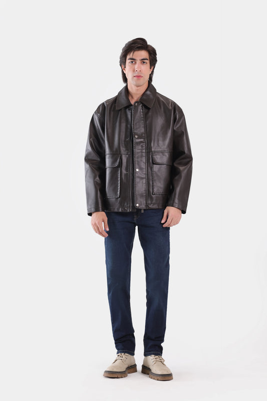 Faux Leather Jacket With Flap Pockets - Cougar Clothing