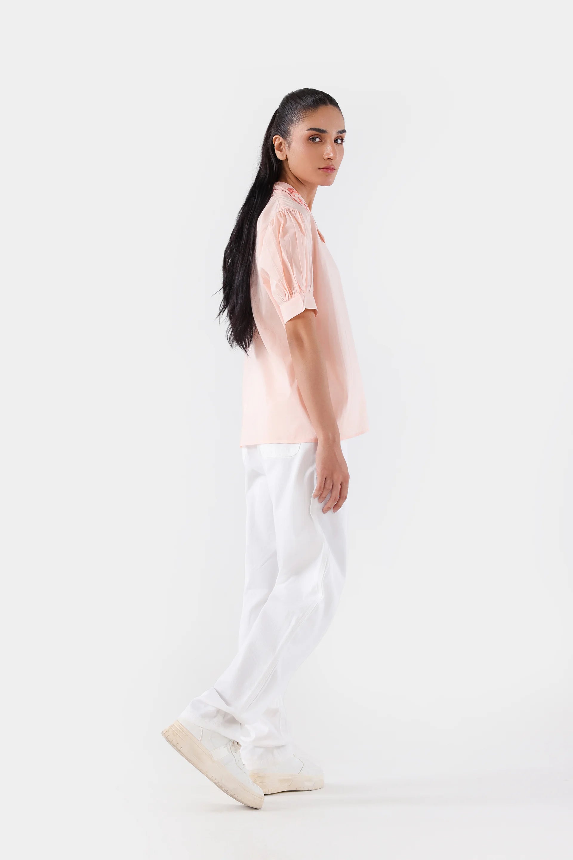 Embroidered Top With Puff Sleeves - Cougar Clothing